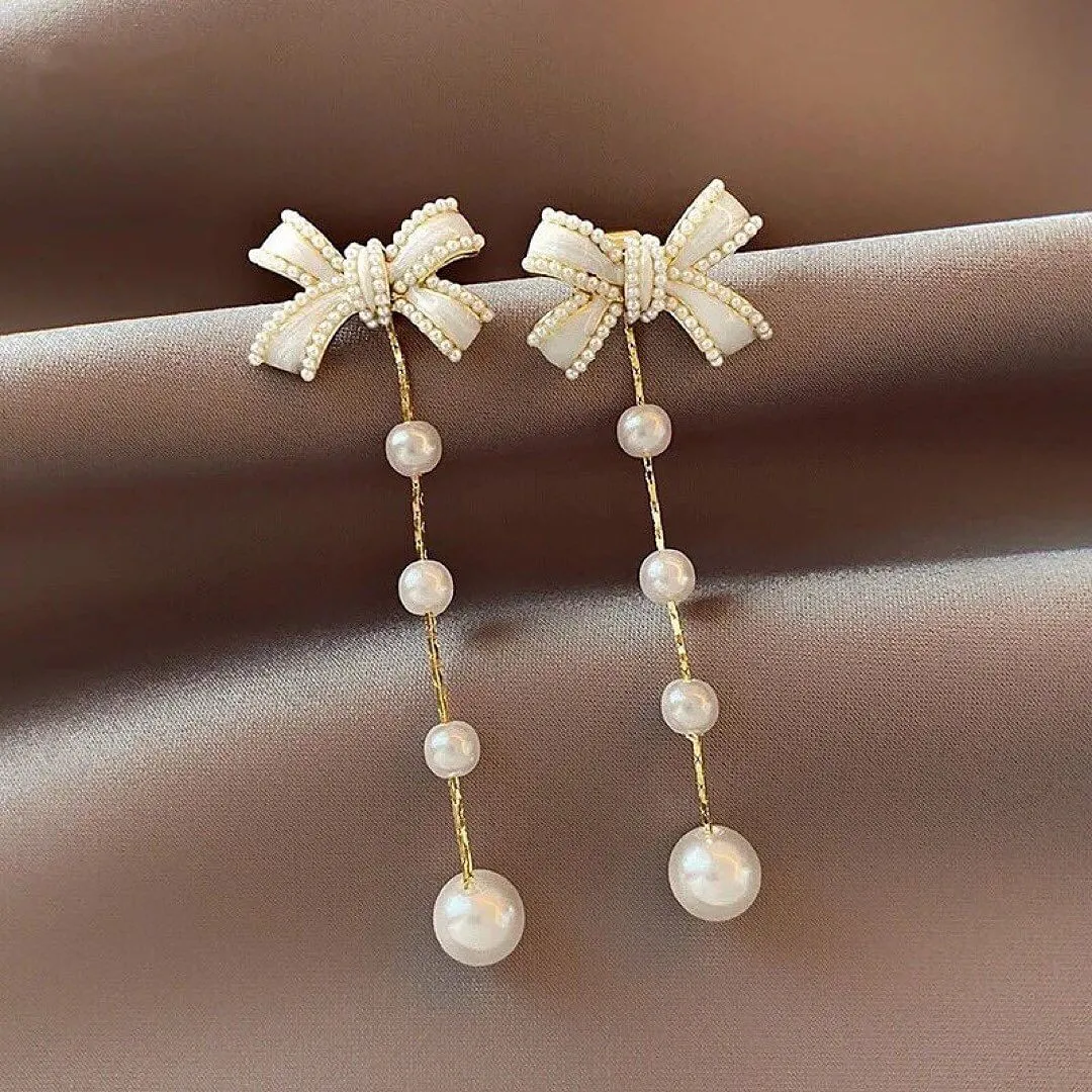 Elegant Bow Pearl Tassel Long Earrings Luxury Jewelry Fashion Drop Earrings Pair