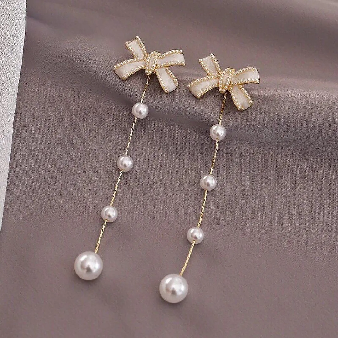 Elegant Bow Pearl Tassel Long Earrings Luxury Jewelry Fashion Drop Earrings Pair