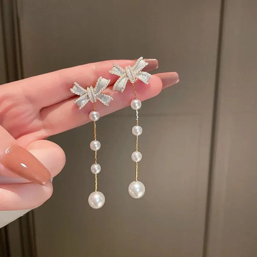 Elegant Bow Pearl Tassel Long Earrings Luxury Jewelry Fashion Drop Earrings Pair