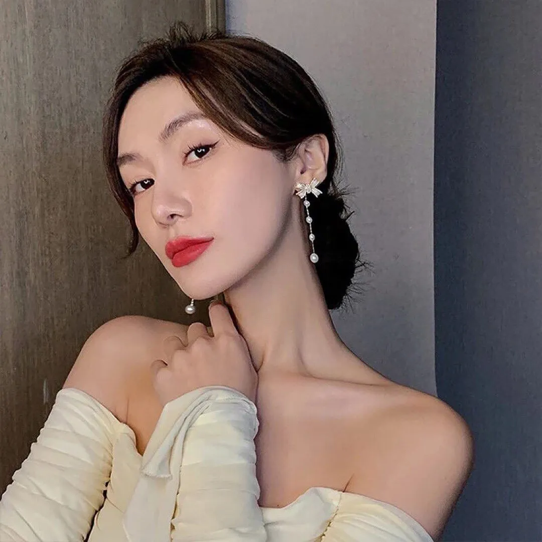 Elegant Bow Pearl Tassel Long Earrings Luxury Jewelry Fashion Drop Earrings Pair