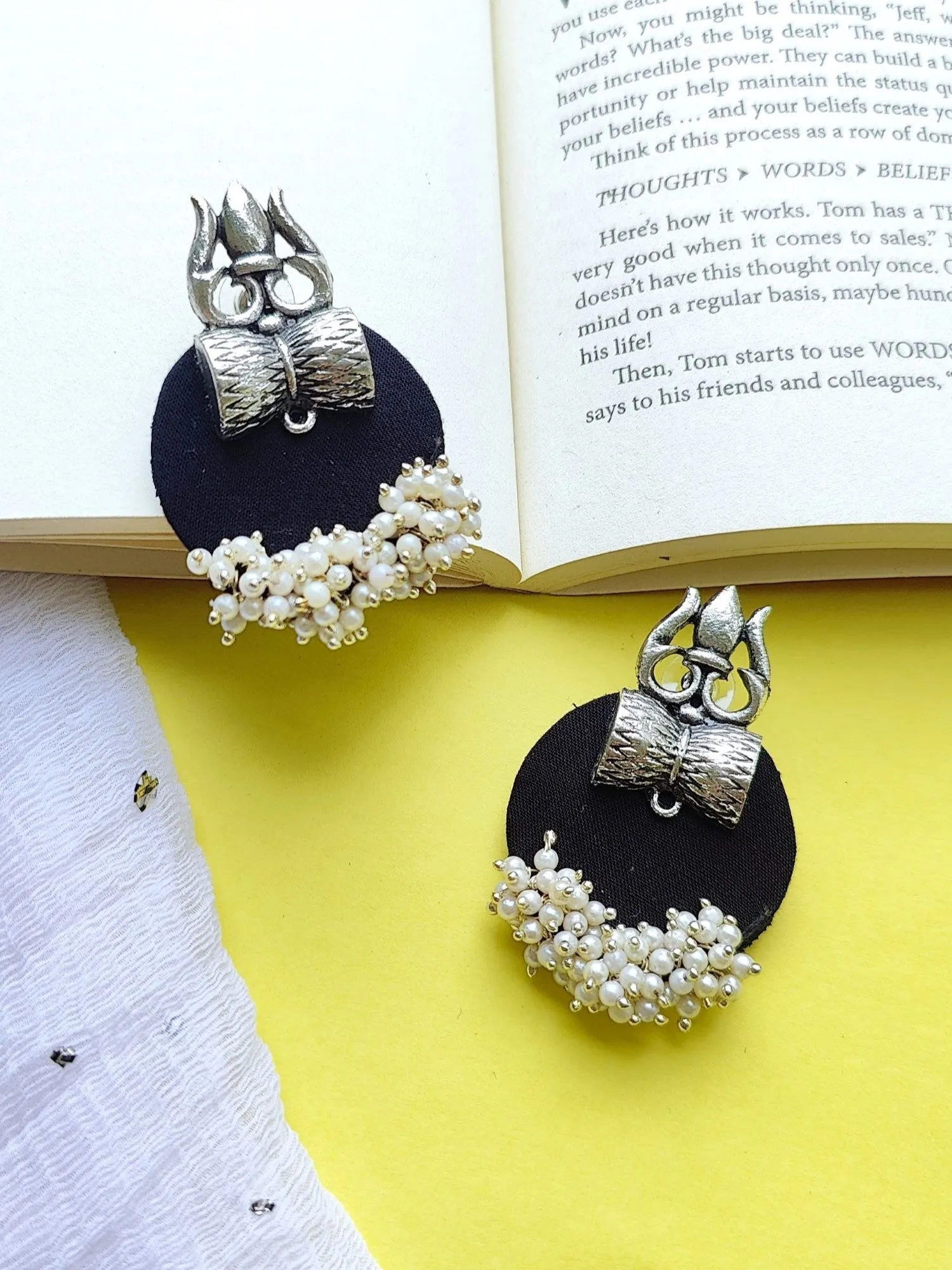 Elegant Oxidised Silver Pearl Trisula Earrings: Traditional Meets Contemporary