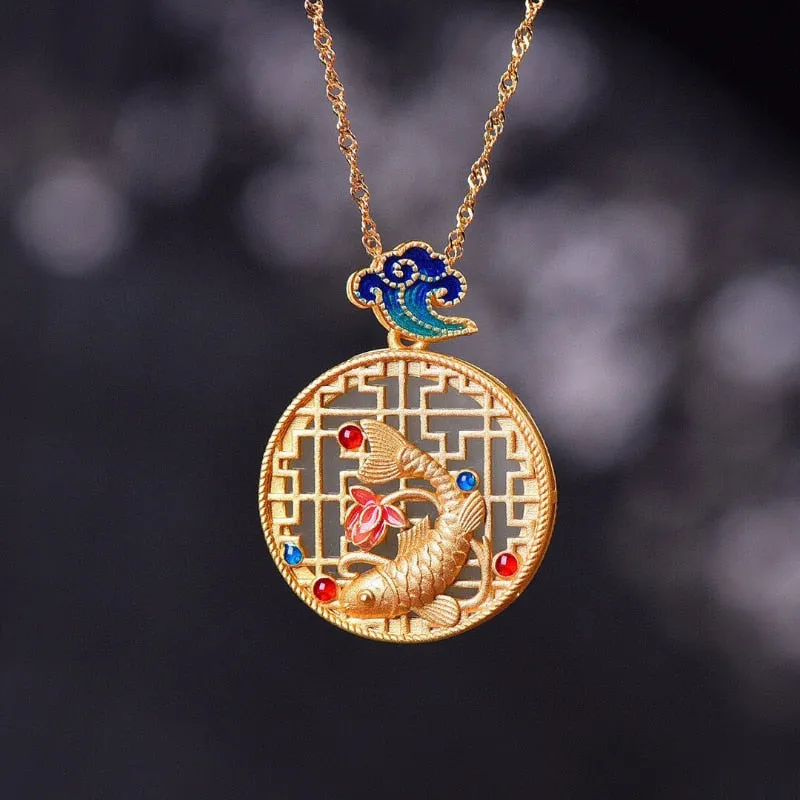 Enamel fish-shaped lotus pendant necklace