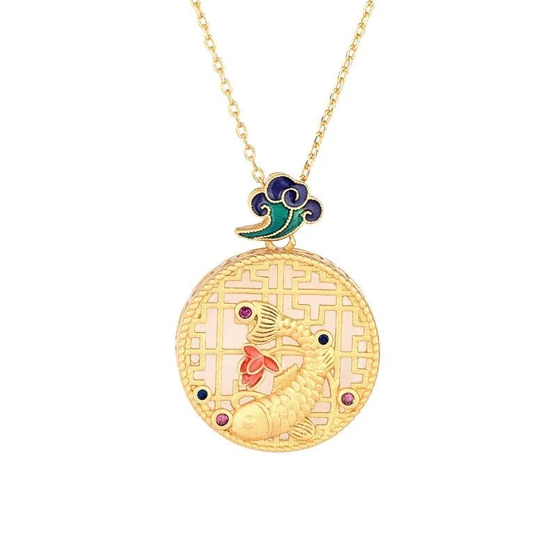 Enamel fish-shaped lotus pendant necklace