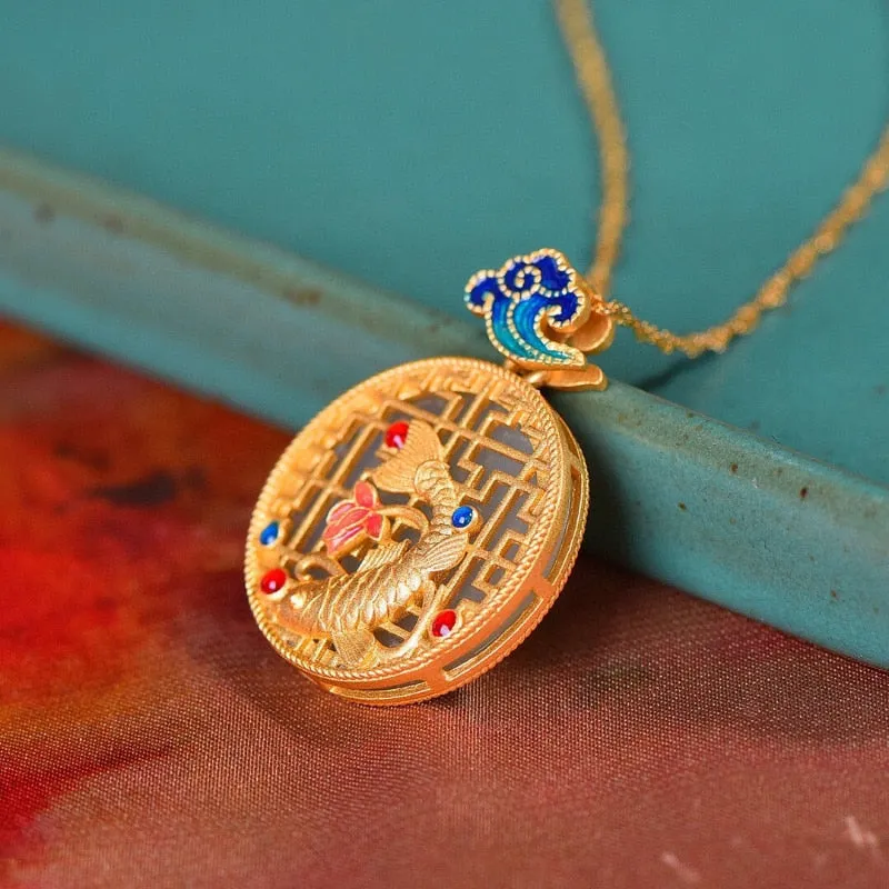 Enamel fish-shaped lotus pendant necklace