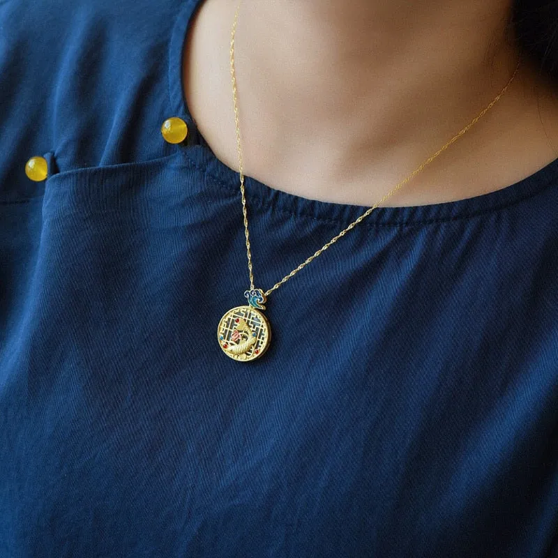 Enamel fish-shaped lotus pendant necklace