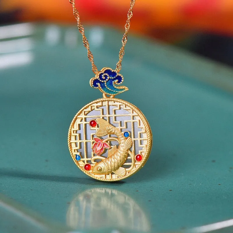 Enamel fish-shaped lotus pendant necklace