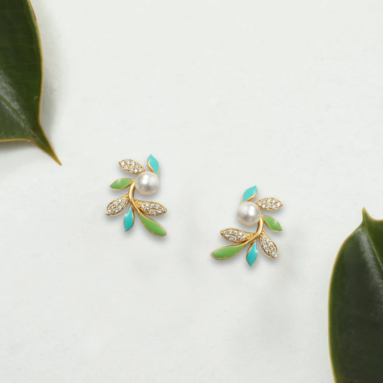 Eriha Pearl CZ Green Leaf Stud Earrings
