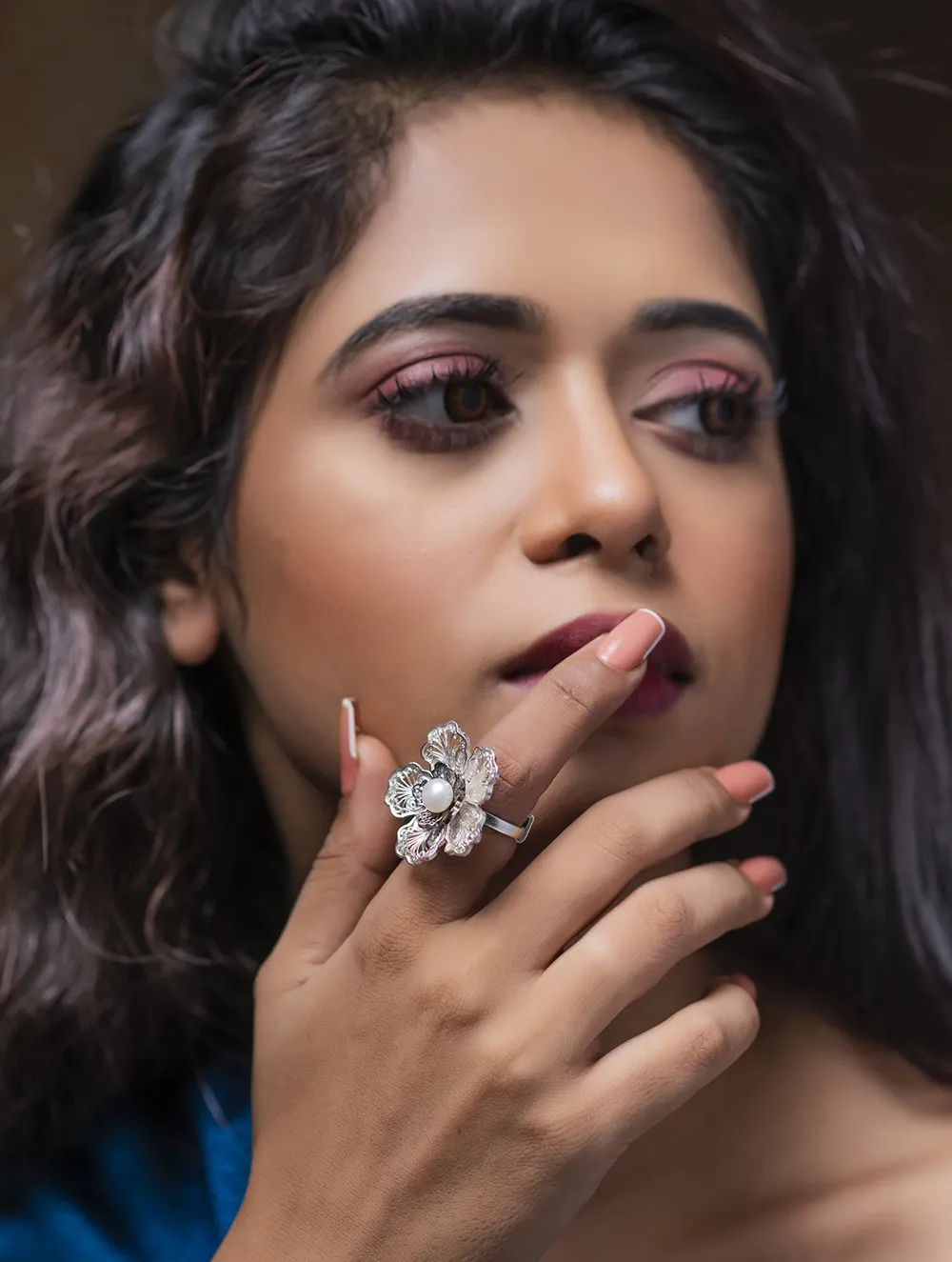 Exclusive Sterling Silver Filigree Ring - Pearl Rose