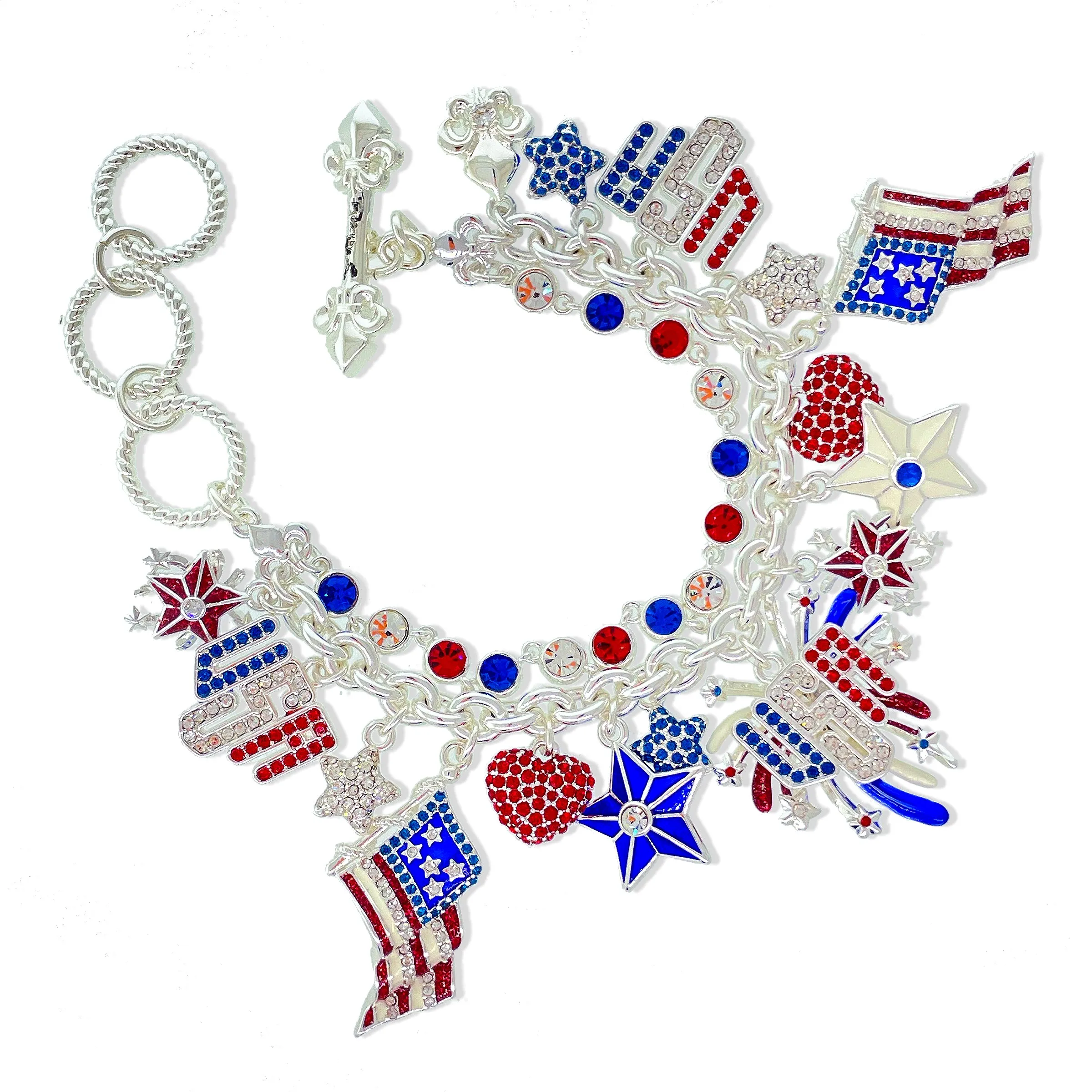 Exquisite July 4th Fireworks Flag Bracelet Ritzy Couture DeLuxe - Fine Silver Plated