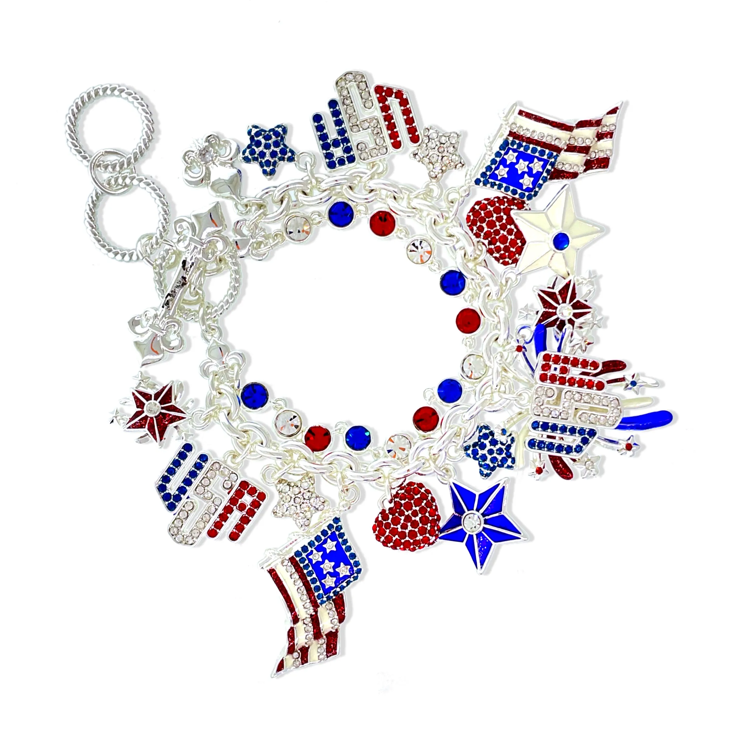 Exquisite July 4th Fireworks Flag Bracelet Ritzy Couture DeLuxe - Fine Silver Plated