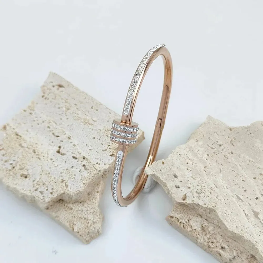 Exquisite Rhinestone Geometric Stainless Steel Bangle Bracelets for Women Gold Plated Charm Waterproof Jewelry