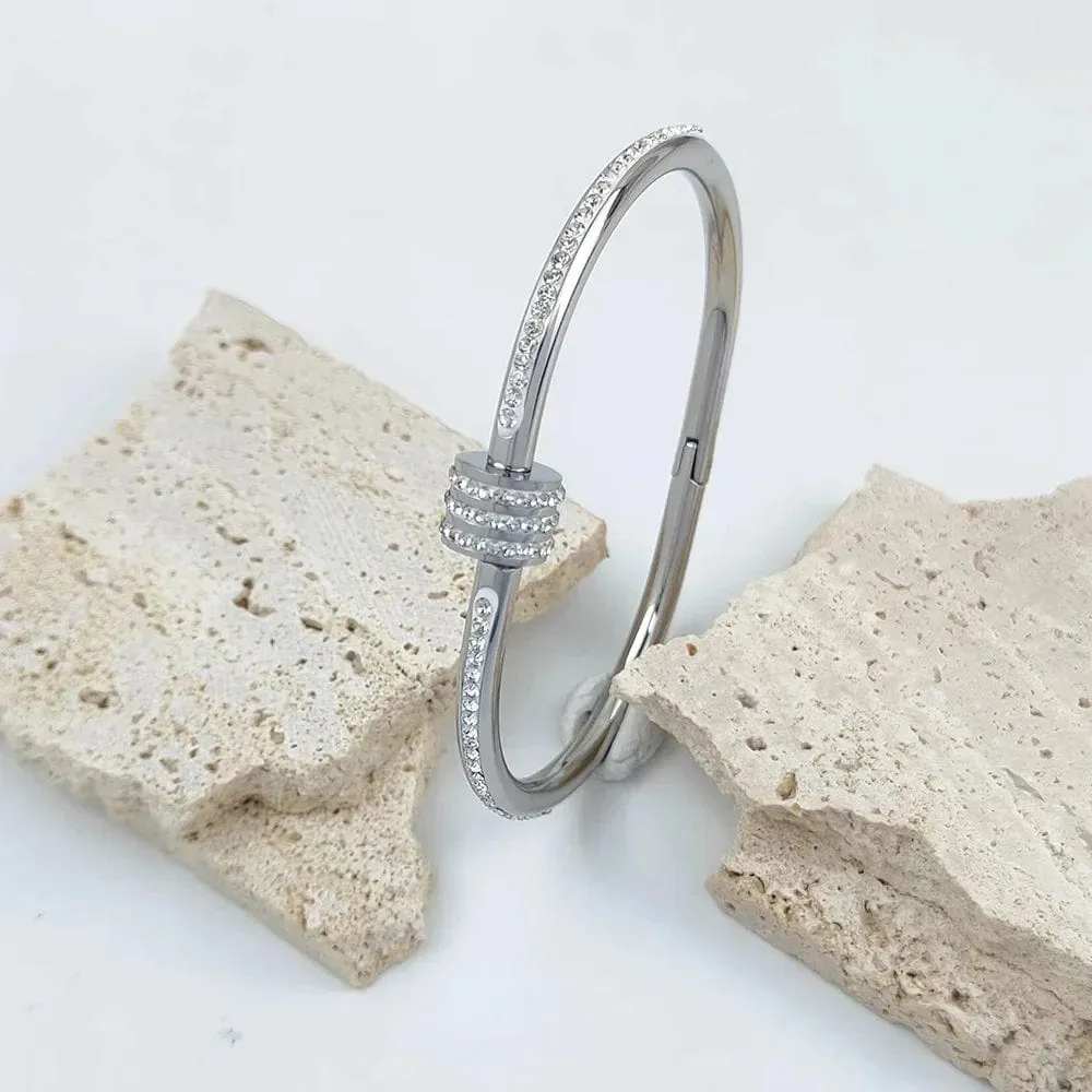 Exquisite Rhinestone Geometric Stainless Steel Bangle Bracelets for Women Gold Plated Charm Waterproof Jewelry