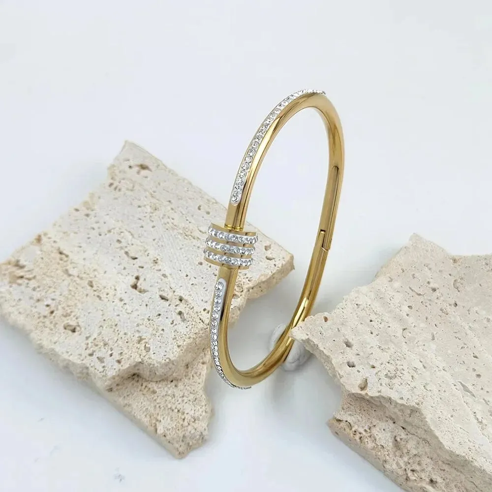 Exquisite Rhinestone Geometric Stainless Steel Bangle Bracelets for Women Gold Plated Charm Waterproof Jewelry