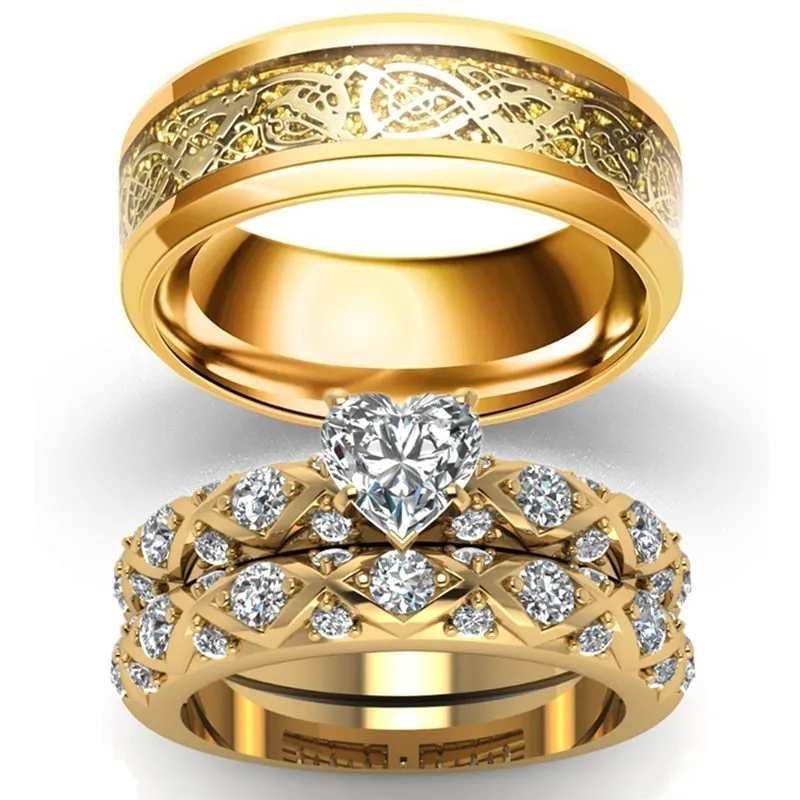Fashion Jewelry Couple Rings Romantic Heart Zircon Ring Set