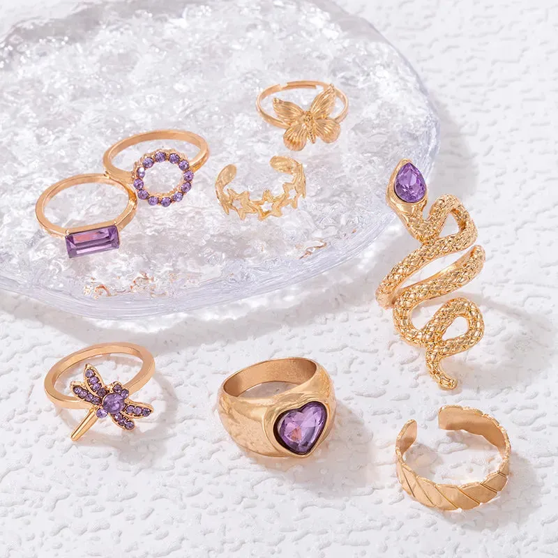 Fashion Temperament Purple Crystal Zircon Heart Rings Set for Women