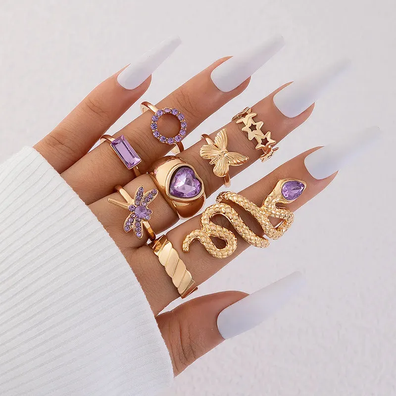 Fashion Temperament Purple Crystal Zircon Heart Rings Set for Women