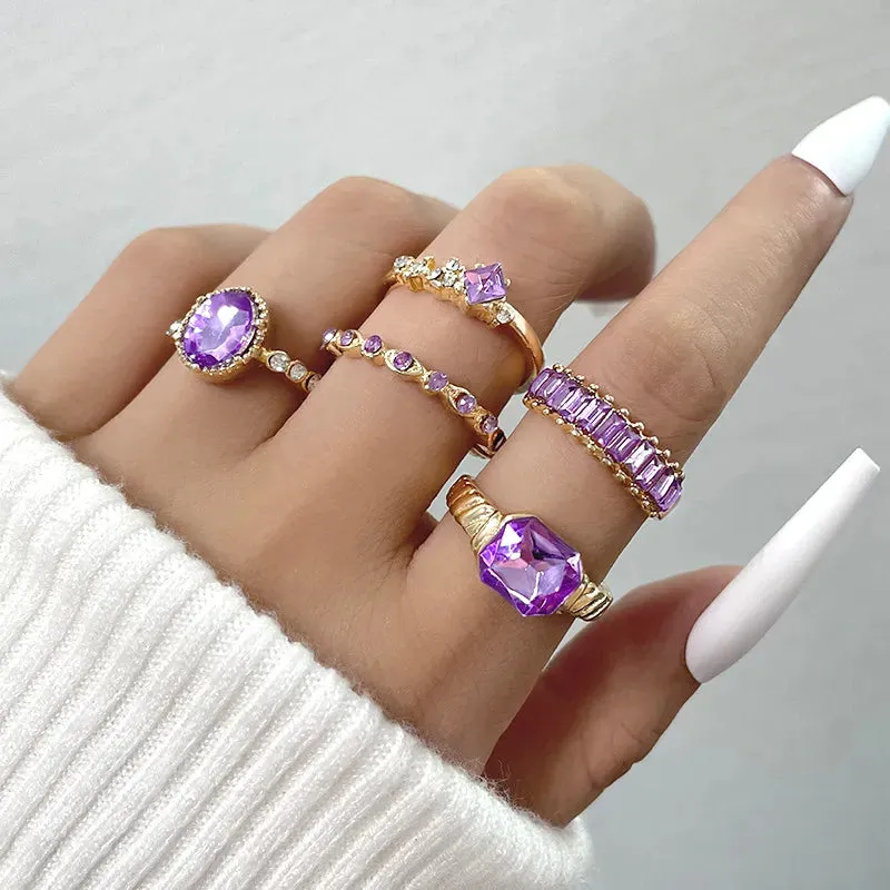 Fashion Temperament Purple Crystal Zircon Heart Rings Set for Women