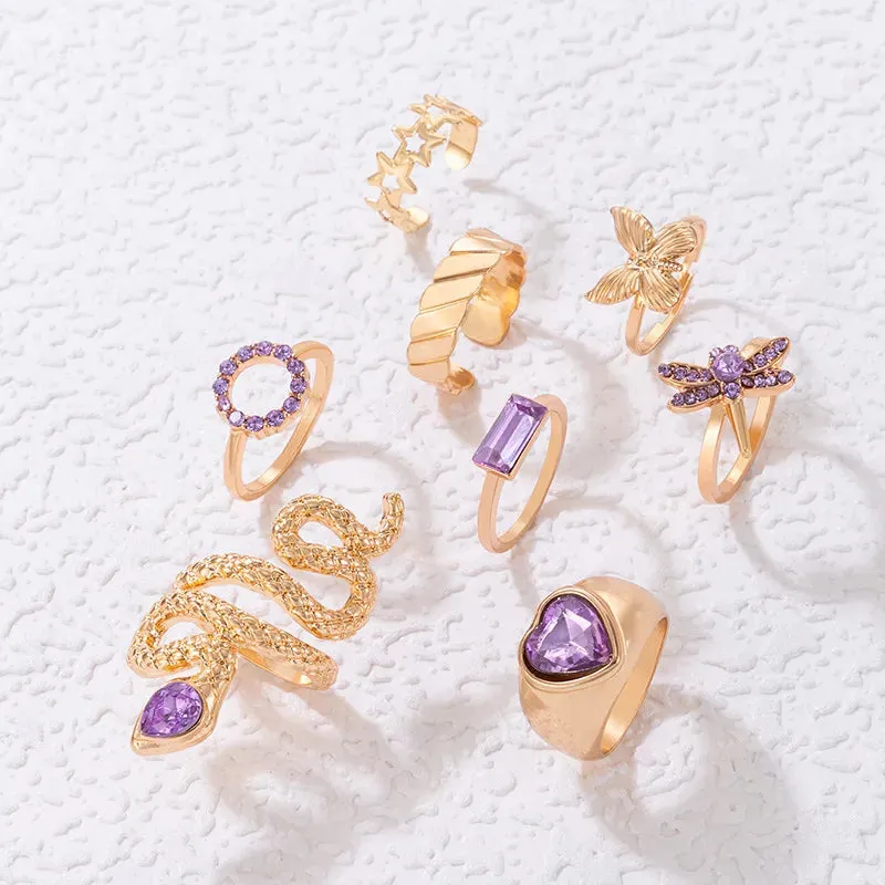 Fashion Temperament Purple Crystal Zircon Heart Rings Set for Women