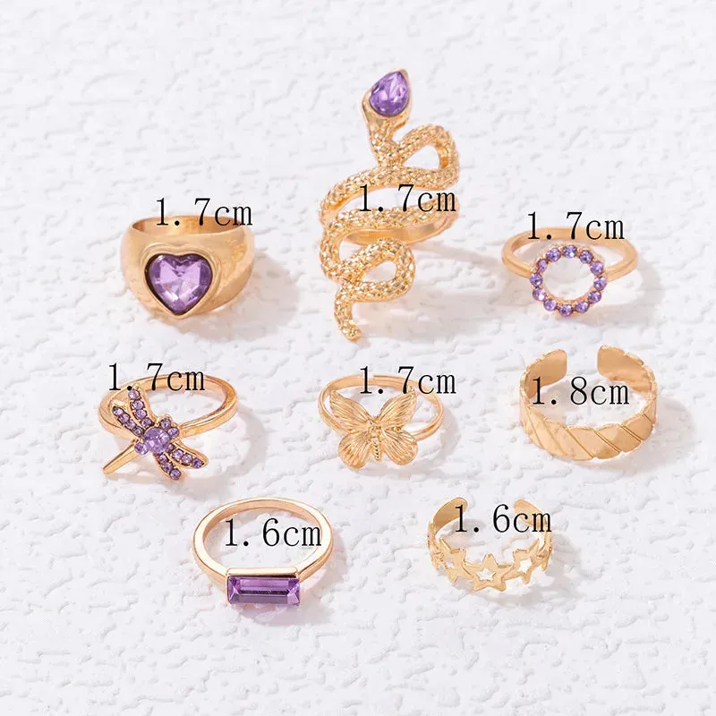 Fashion Temperament Purple Crystal Zircon Heart Rings Set for Women