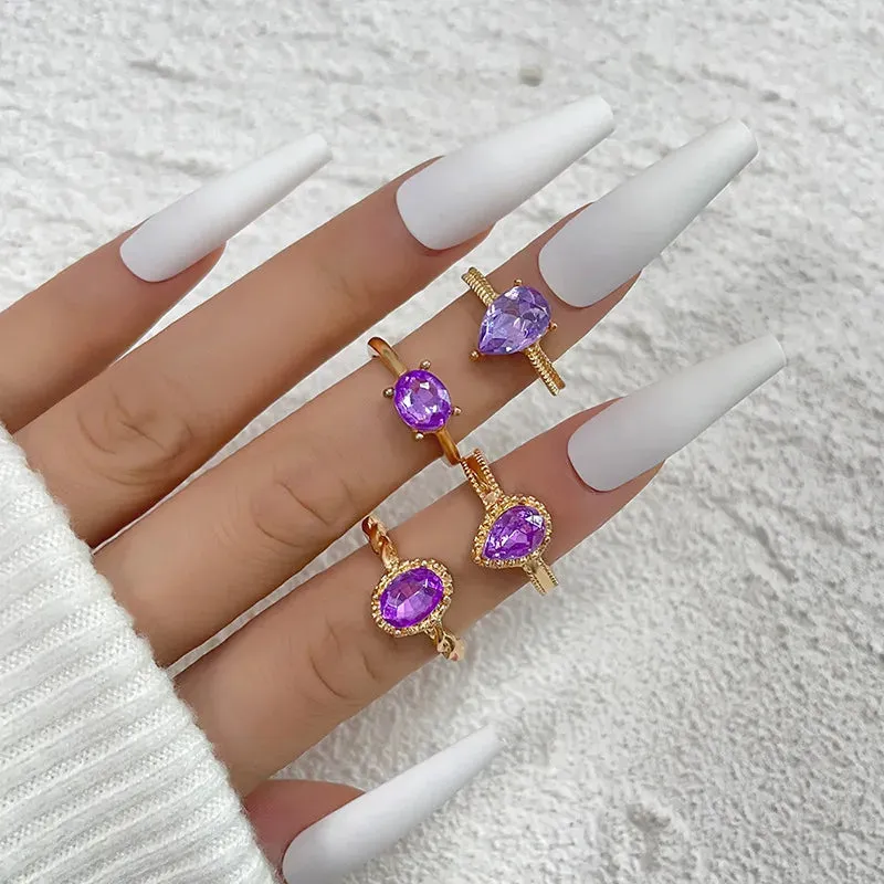 Fashion Temperament Purple Crystal Zircon Heart Rings Set for Women