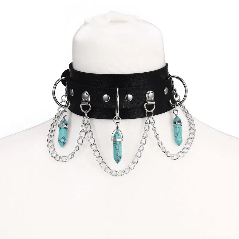 Faux Leather Rivet Choker with Hexagonal Stone Pendants and Chain / Goth Style Accessories for Women