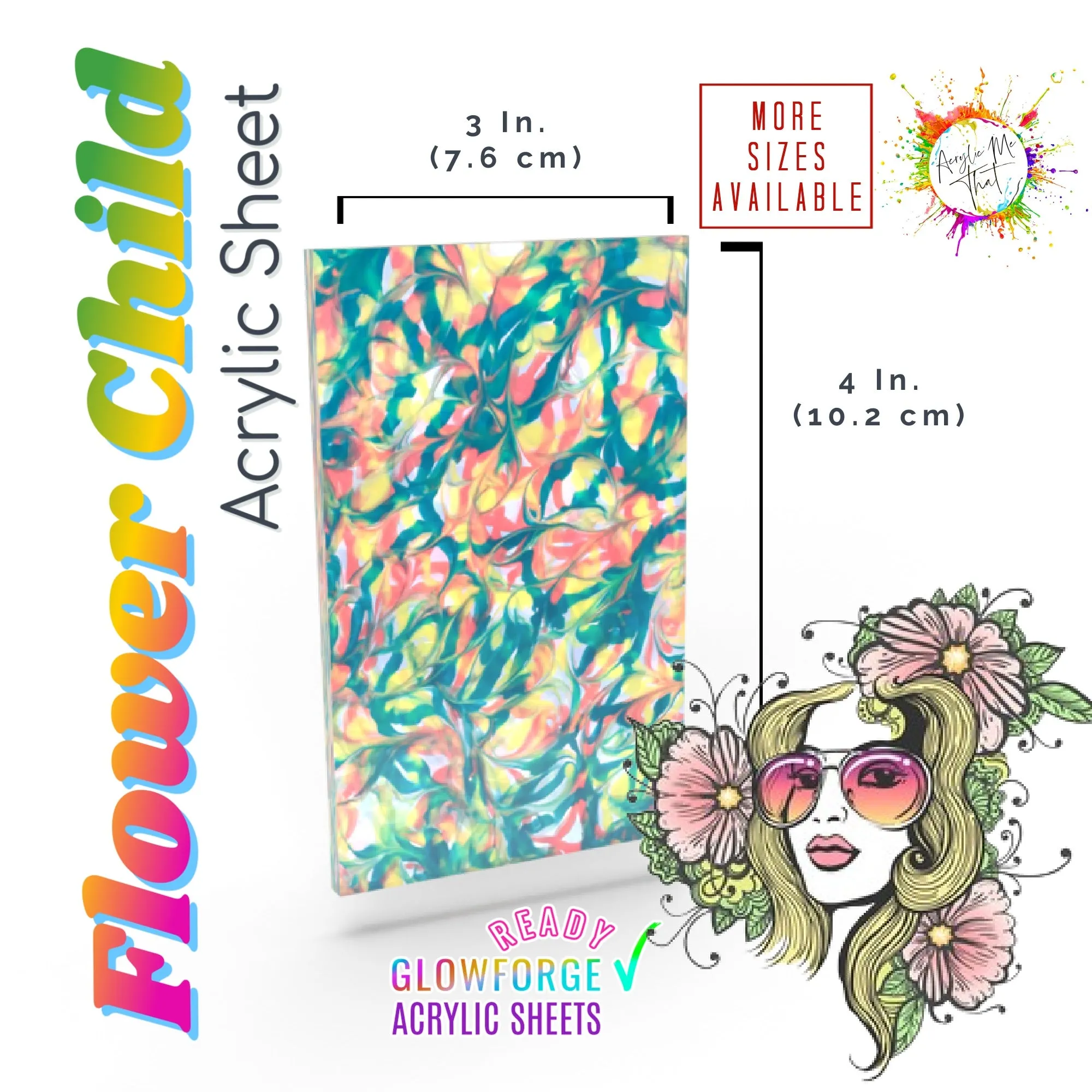 Flower Child Transparent Marble Swirl Pattern Cast Acrylic Sheet - 1/8 in - Clear, Green, Yellow, Orange/Coral/Peach, Gloss