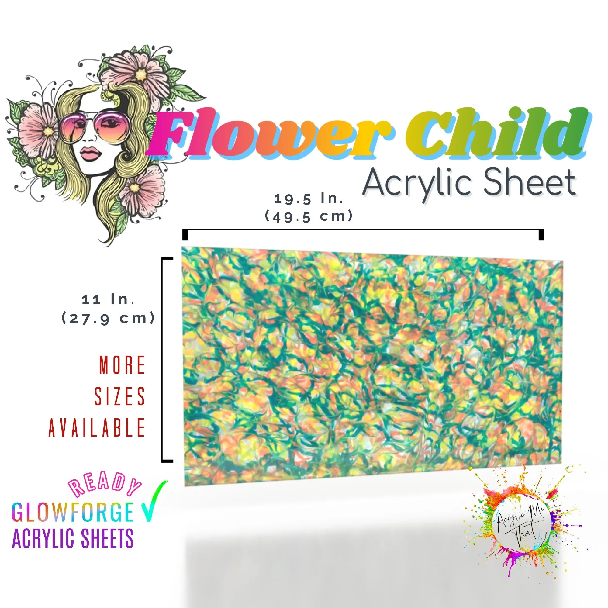 Flower Child Transparent Marble Swirl Pattern Cast Acrylic Sheet - 1/8 in - Clear, Green, Yellow, Orange/Coral/Peach, Gloss