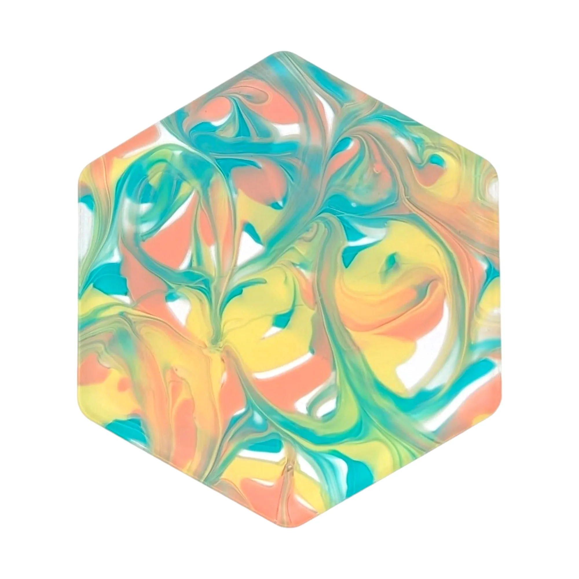 Flower Child Transparent Marble Swirl Pattern Cast Acrylic Sheet - 1/8 in - Clear, Green, Yellow, Orange/Coral/Peach, Gloss