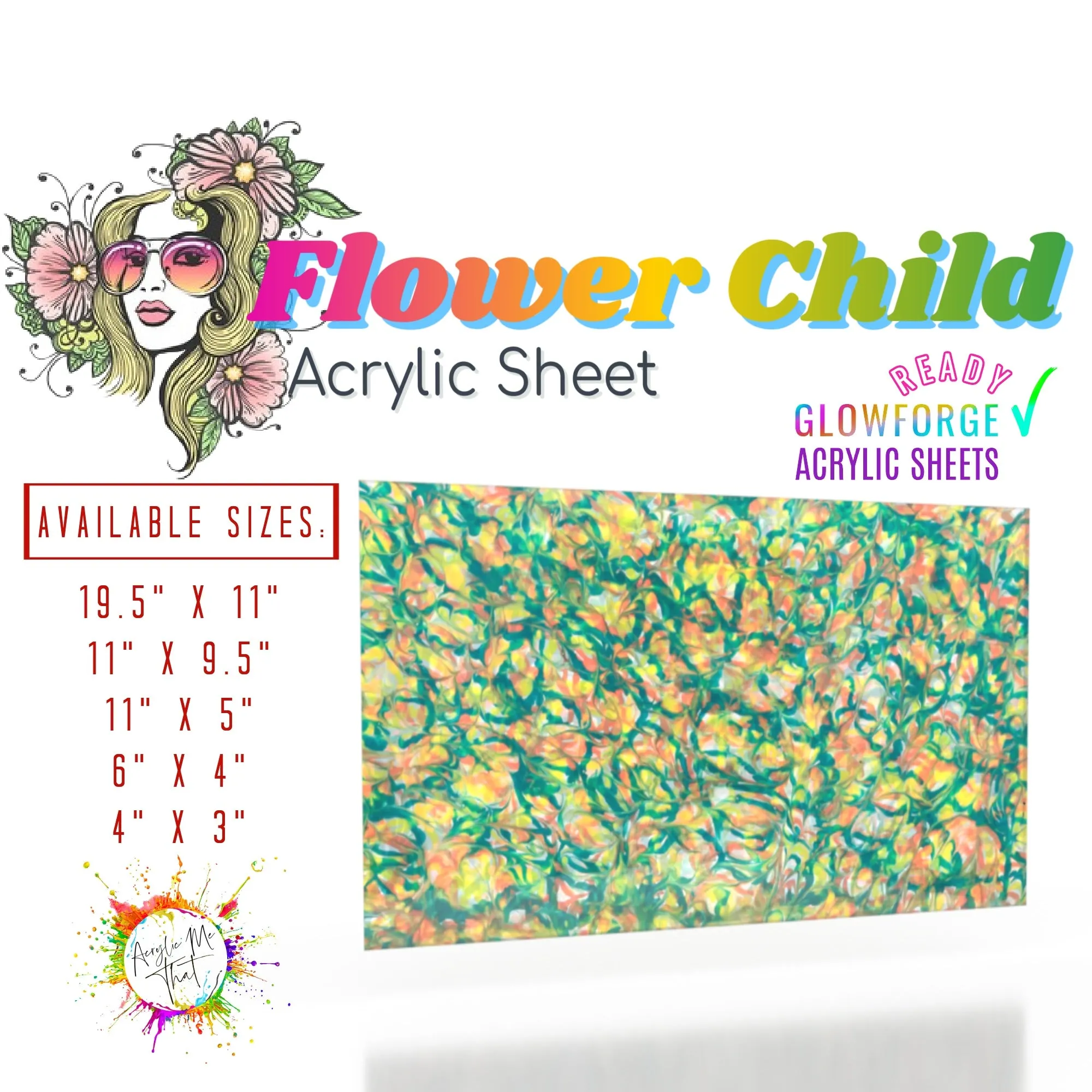 Flower Child Transparent Marble Swirl Pattern Cast Acrylic Sheet - 1/8 in - Clear, Green, Yellow, Orange/Coral/Peach, Gloss