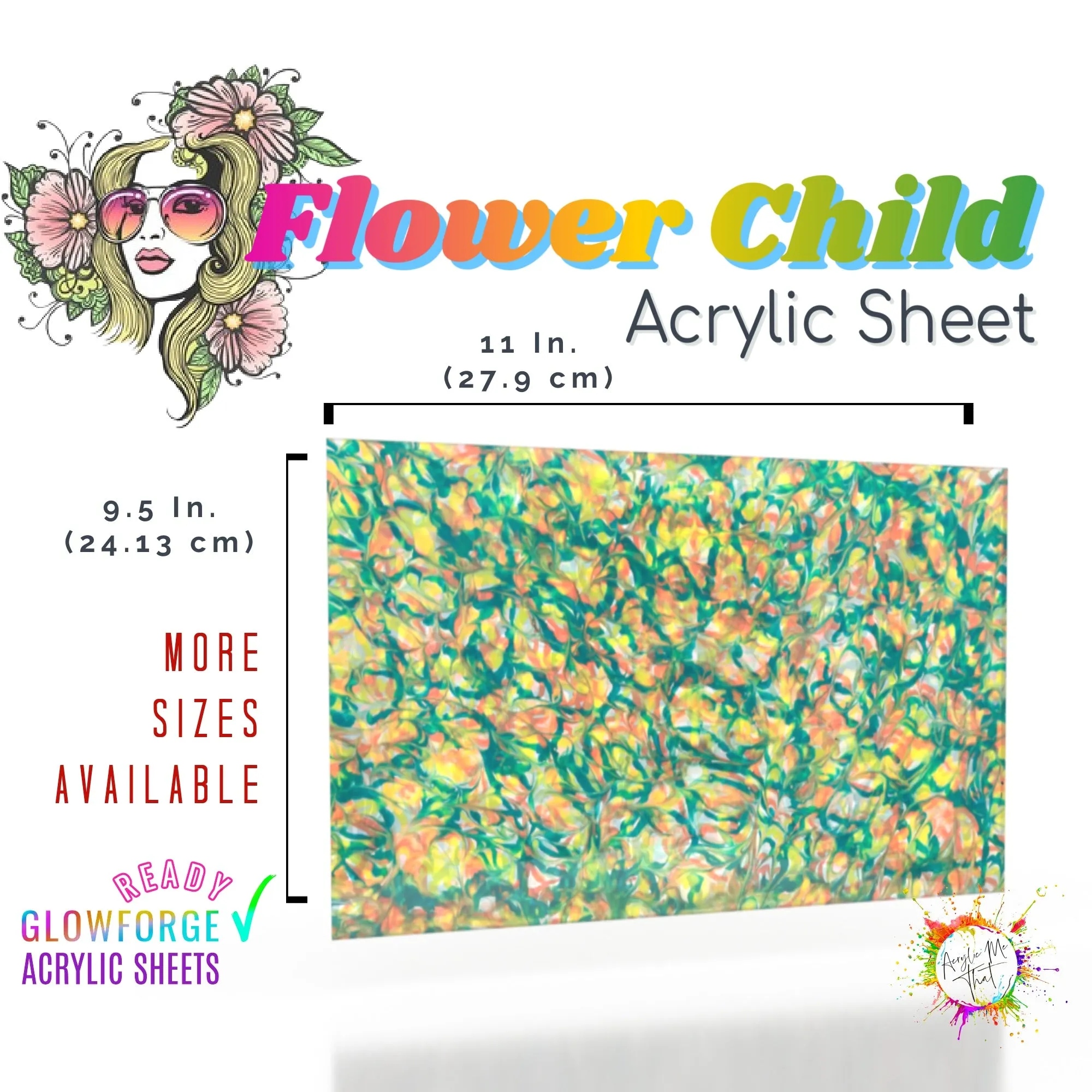 Flower Child Transparent Marble Swirl Pattern Cast Acrylic Sheet - 1/8 in - Clear, Green, Yellow, Orange/Coral/Peach, Gloss