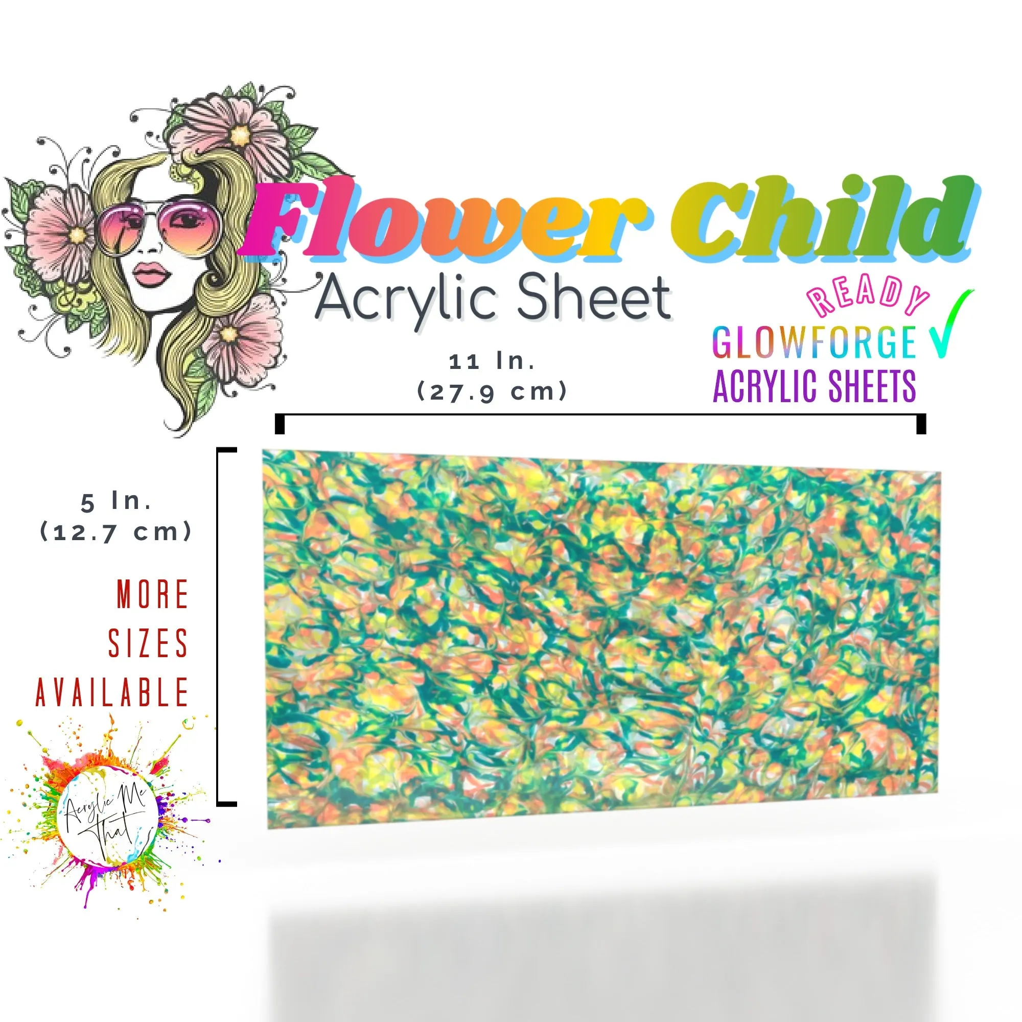 Flower Child Transparent Marble Swirl Pattern Cast Acrylic Sheet - 1/8 in - Clear, Green, Yellow, Orange/Coral/Peach, Gloss