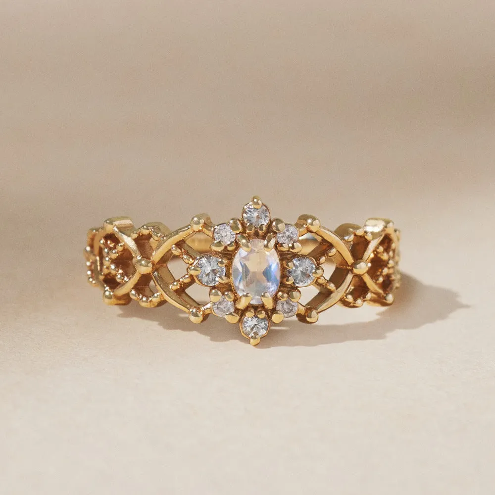 French Retro Moonstone Grid Lace Hollow Ring