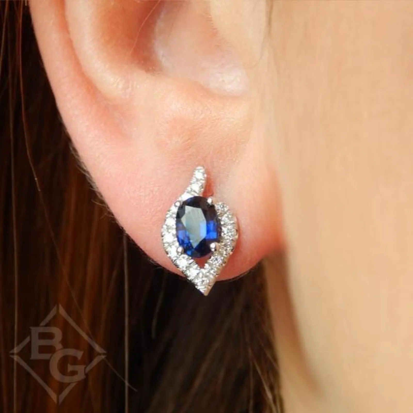 Gabriel & Co. Contemporary Oval Sapphire Halo Diamond Cluster Earrings