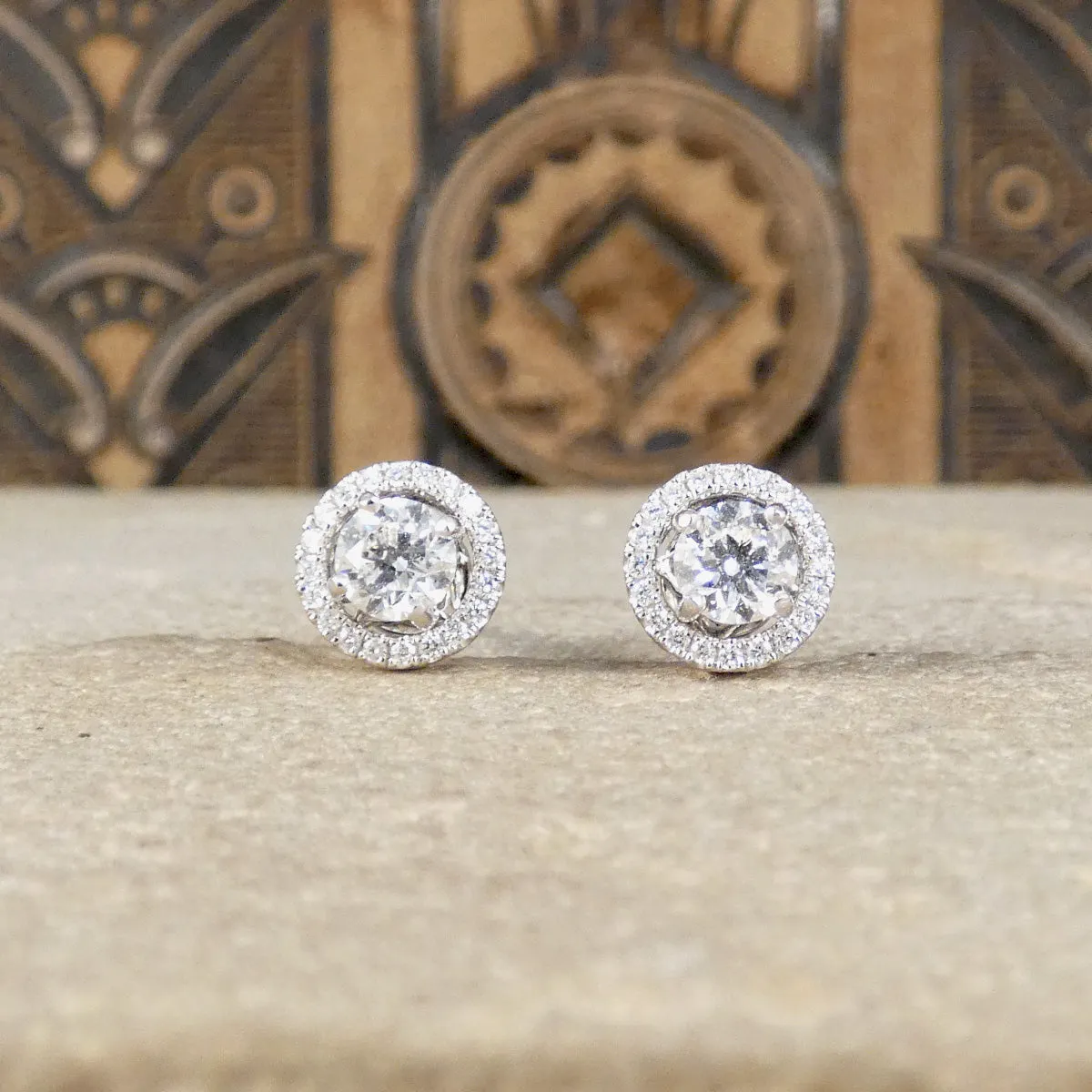 GIA D Colour 0.71ct Diamond Stud and Halo Cluster Stud in 18ct White Gold
