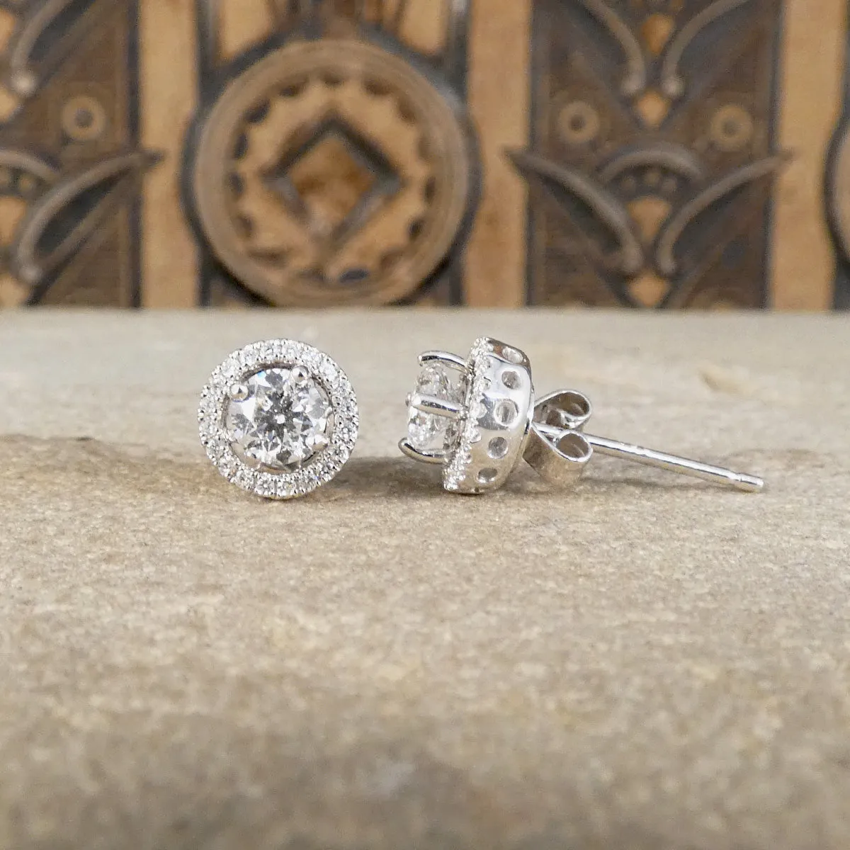 GIA D Colour 0.71ct Diamond Stud and Halo Cluster Stud in 18ct White Gold