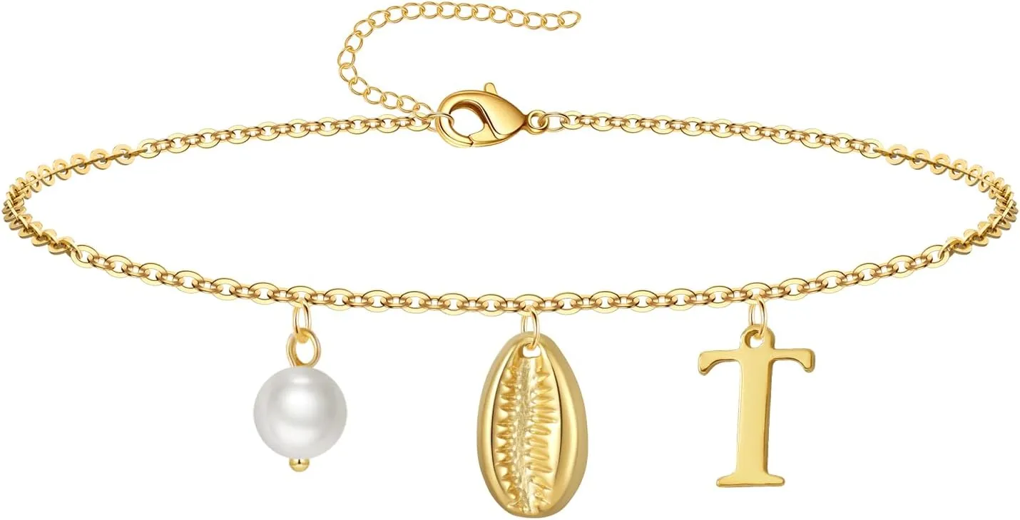 Gold Ankle Bracelet for Women, 14K Gold Plated Waterproof Seashell Initial Anklets, Summer Jewelry Gifts for Women