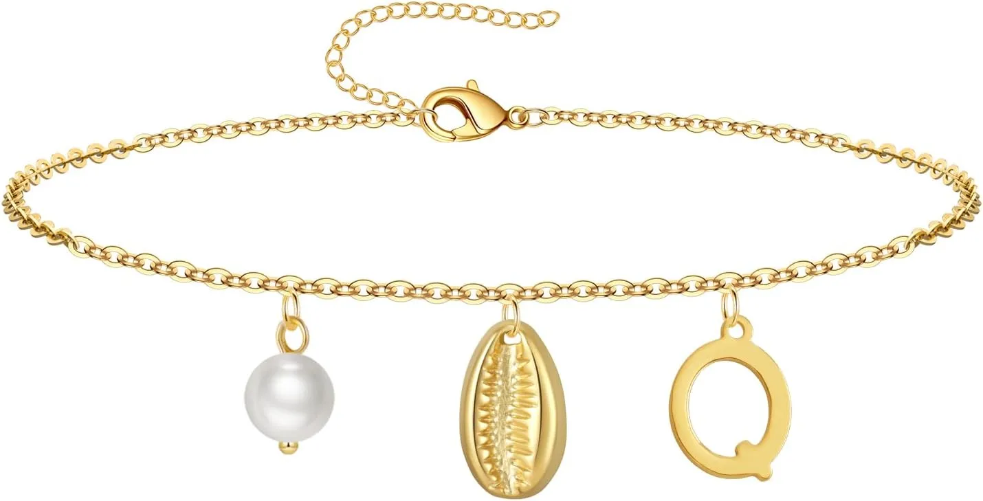 Gold Ankle Bracelet for Women, 14K Gold Plated Waterproof Seashell Initial Anklets, Summer Jewelry Gifts for Women