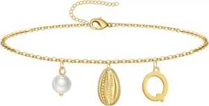 Gold Ankle Bracelet for Women, 14K Gold Plated Waterproof Seashell Initial Anklets, Summer Jewelry Gifts for Women