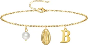 Gold Ankle Bracelet for Women, 14K Gold Plated Waterproof Seashell Initial Anklets, Summer Jewelry Gifts for Women