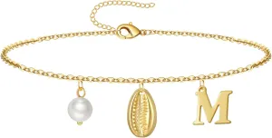 Gold Ankle Bracelet for Women, 14K Gold Plated Waterproof Seashell Initial Anklets, Summer Jewelry Gifts for Women