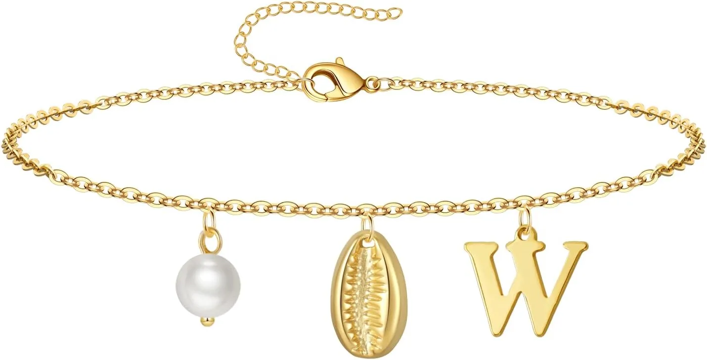 Gold Ankle Bracelet for Women, 14K Gold Plated Waterproof Seashell Initial Anklets, Summer Jewelry Gifts for Women