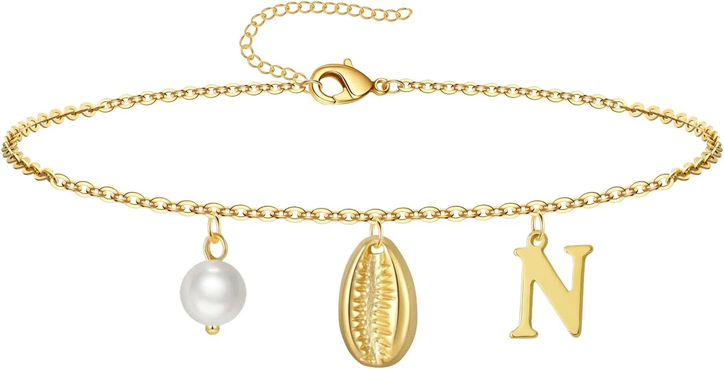 Gold Ankle Bracelet for Women, 14K Gold Plated Waterproof Seashell Initial Anklets, Summer Jewelry Gifts for Women