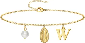 Gold Ankle Bracelet for Women, 14K Gold Plated Waterproof Seashell Initial Anklets, Summer Jewelry Gifts for Women