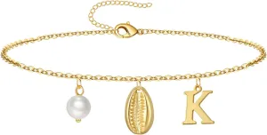 Gold Ankle Bracelet for Women, 14K Gold Plated Waterproof Seashell Initial Anklets, Summer Jewelry Gifts for Women