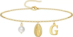 Gold Ankle Bracelet for Women, 14K Gold Plated Waterproof Seashell Initial Anklets, Summer Jewelry Gifts for Women