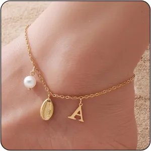 Gold Ankle Bracelet for Women, 14K Gold Plated Waterproof Seashell Initial Anklets, Summer Jewelry Gifts for Women