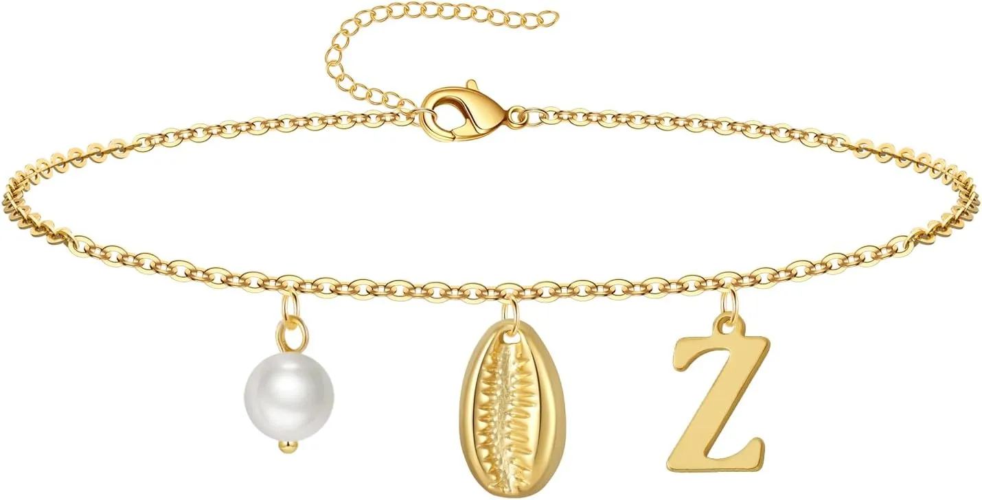 Gold Ankle Bracelet for Women, 14K Gold Plated Waterproof Seashell Initial Anklets, Summer Jewelry Gifts for Women