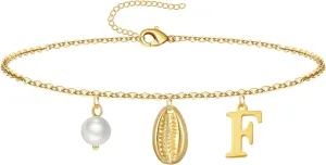 Gold Ankle Bracelet for Women, 14K Gold Plated Waterproof Seashell Initial Anklets, Summer Jewelry Gifts for Women