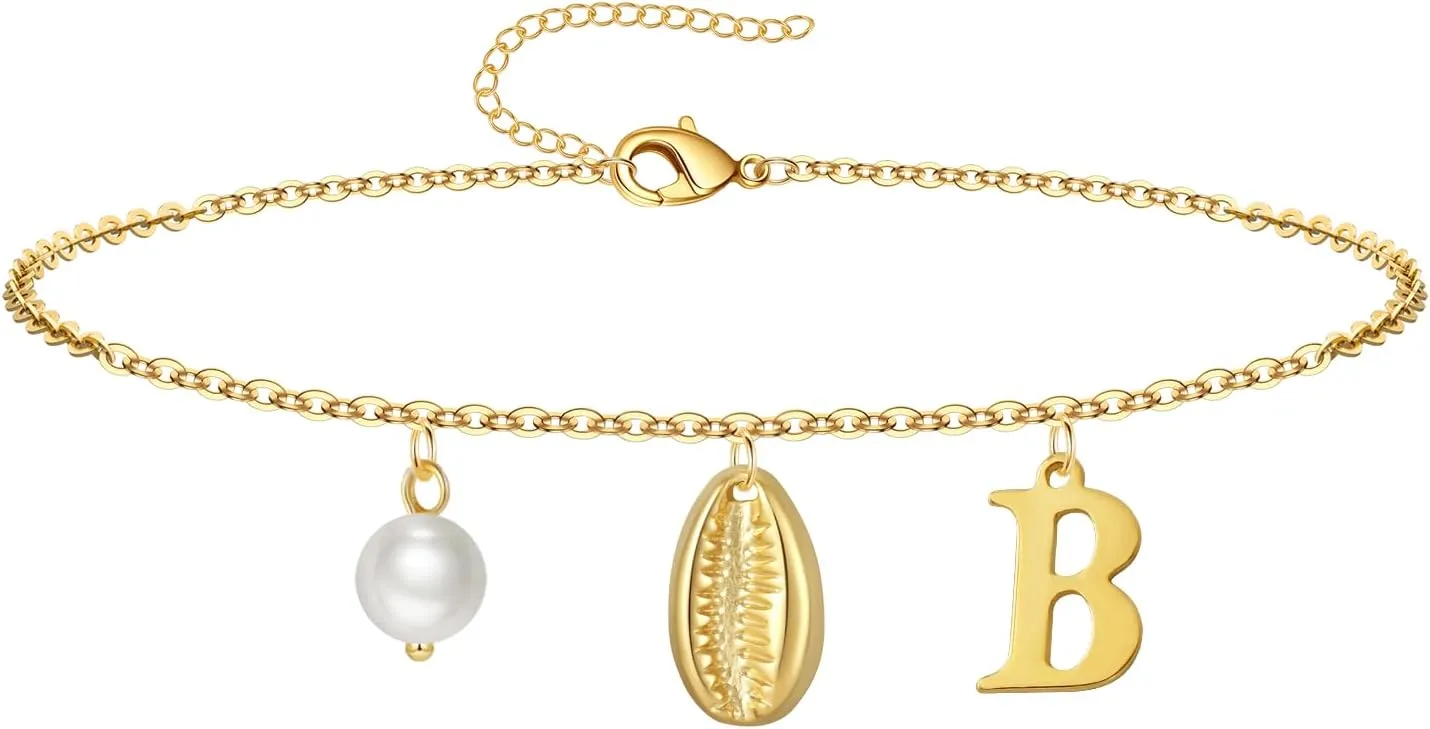Gold Ankle Bracelet for Women, 14K Gold Plated Waterproof Seashell Initial Anklets, Summer Jewelry Gifts for Women