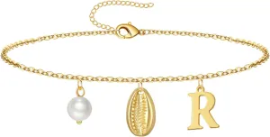 Gold Ankle Bracelet for Women, 14K Gold Plated Waterproof Seashell Initial Anklets, Summer Jewelry Gifts for Women